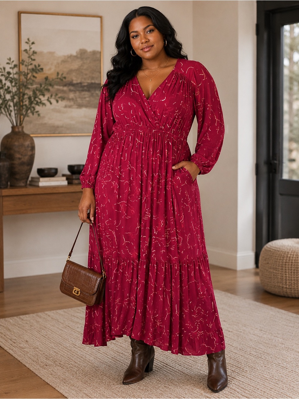Plus-Size V-Neck Long Sleeve Maxi Dress in Berry